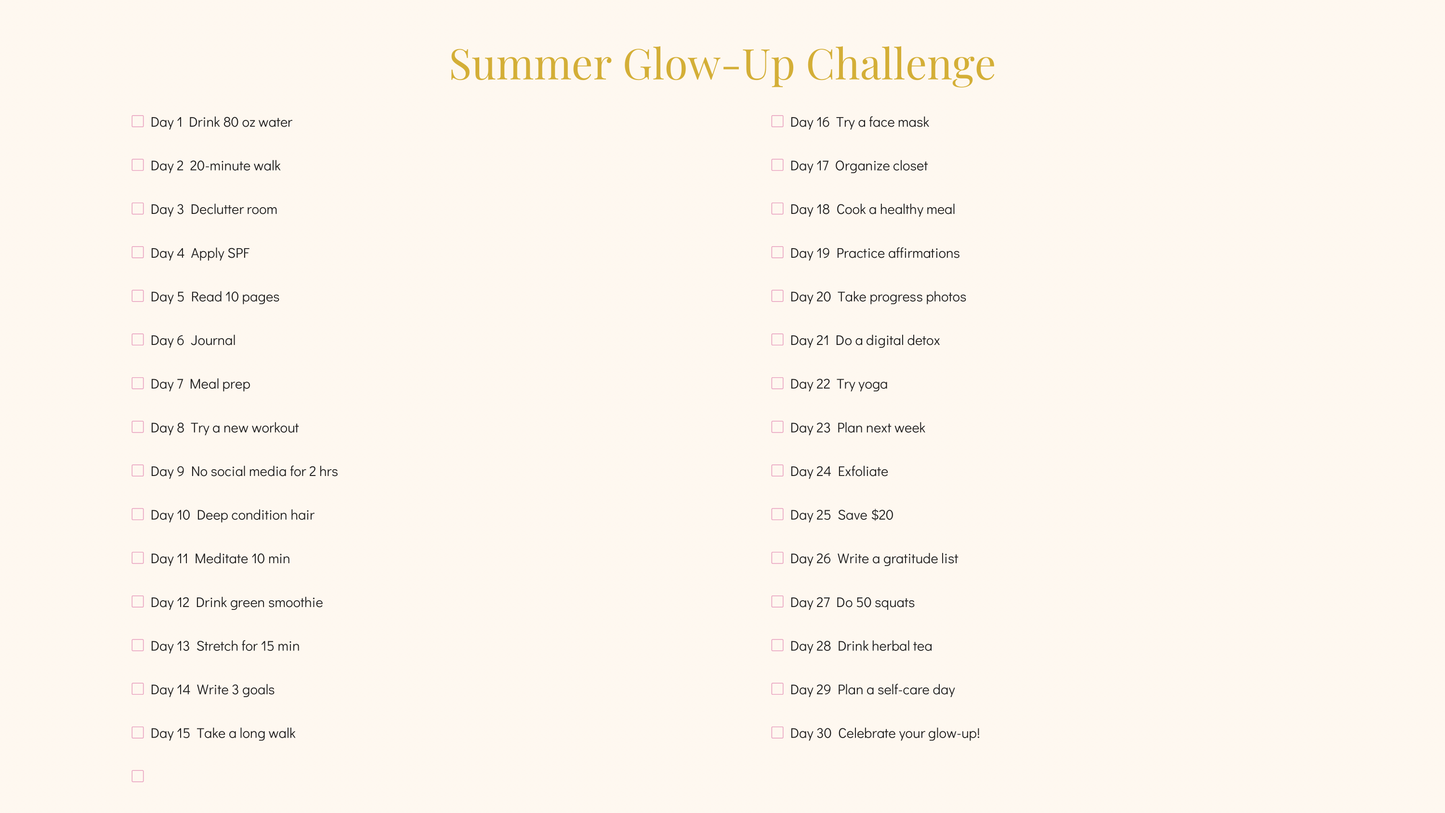 30-Day Summer Glow-Up Challenge Planner™ | Self-Care, Fitness, Wellness & Confidence Digital Workbook